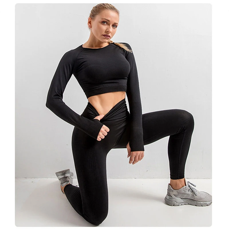 

Daycloth Summer New Fitness Sports Tights Yoga Clothing Three-piece Bra Long Sleeve Trousers Bra Seamless Yoga Clothing Set