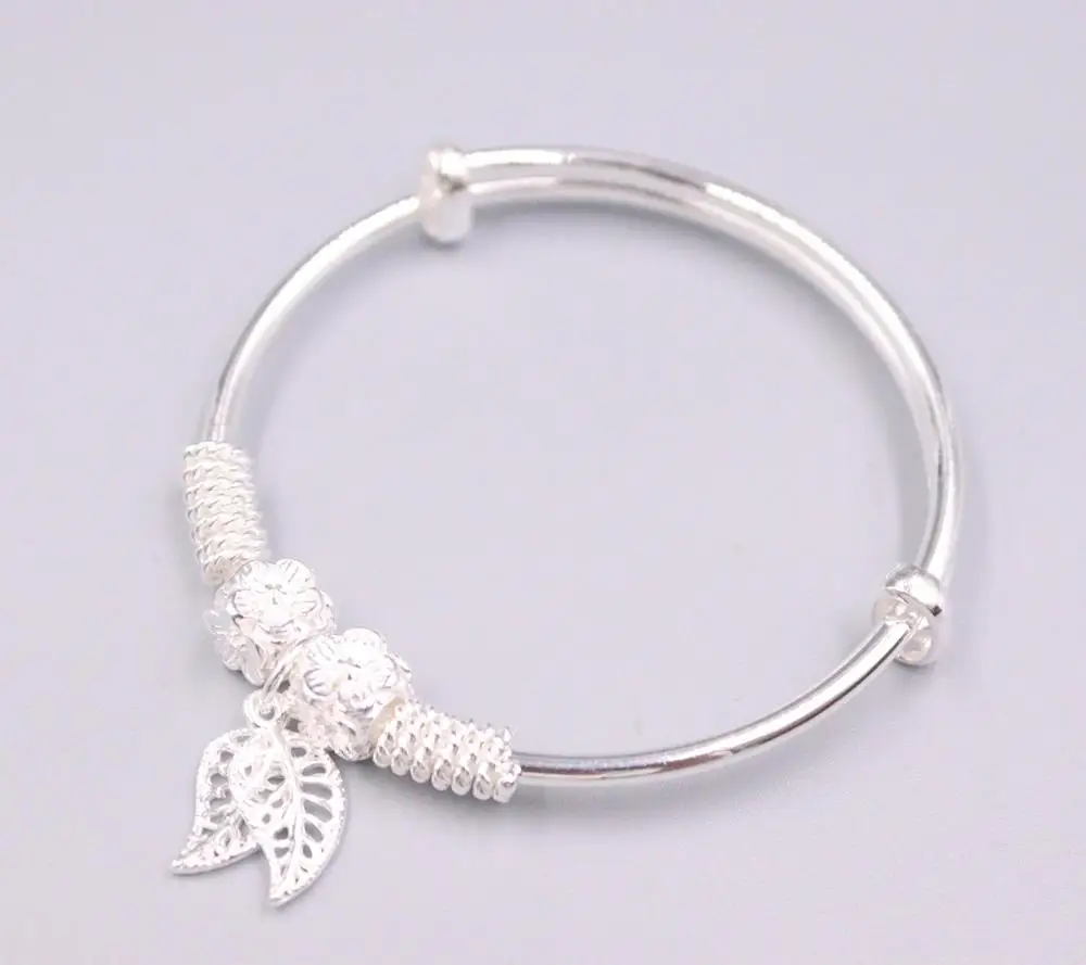 

New Pure Solid 999 Fine Silver Bracelet Two Leaves 8mm Smooth Bangle Diameter 55-60mm