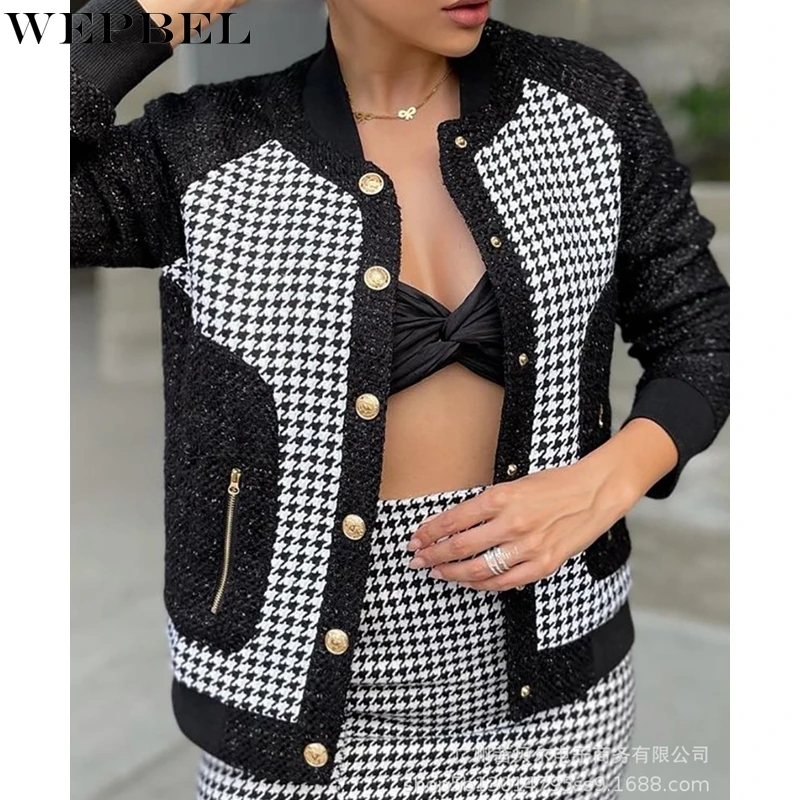 

WEPBEL Coat Women's Fashion Houndstooth Printed Stitching Straight Coat Autumn Casual Long Sleeve Single-Breasted Pocket Coat