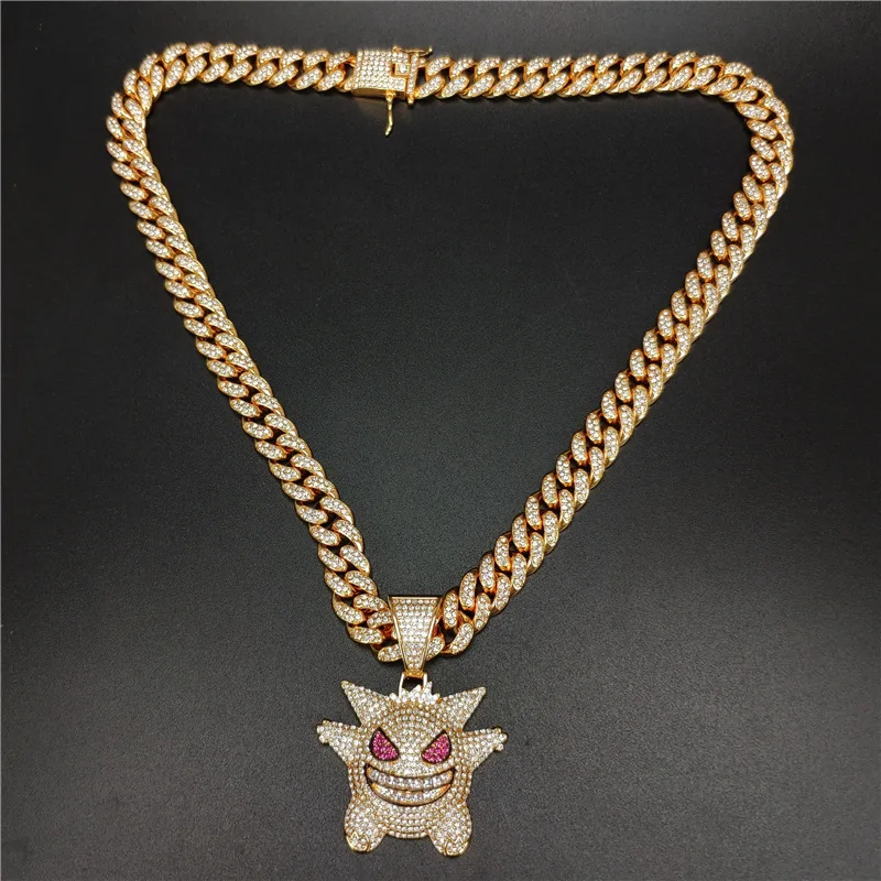 

High-Quality Big Bling Gengar Bling Ghost Alloy Gold Color Hip Hop Pendant Necklace Jewelry With Cuaban Chain