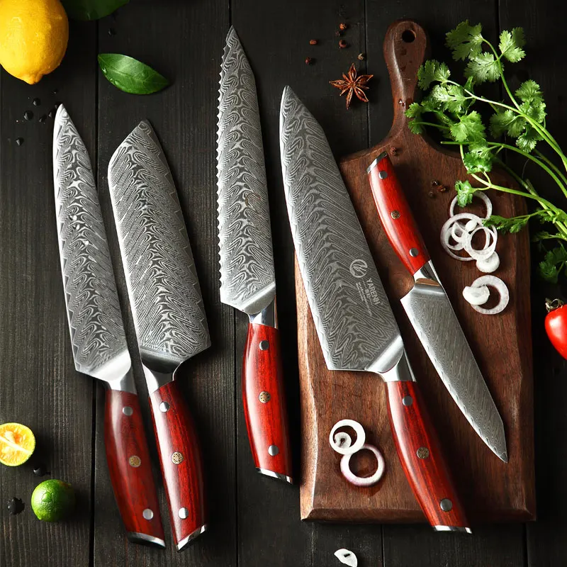 

Набор кухонных ножей YARENH, комплект из 5 предметов, 67 слоев, из дамасской стали, шеф-повар сантоку, с ручкой из палисандра