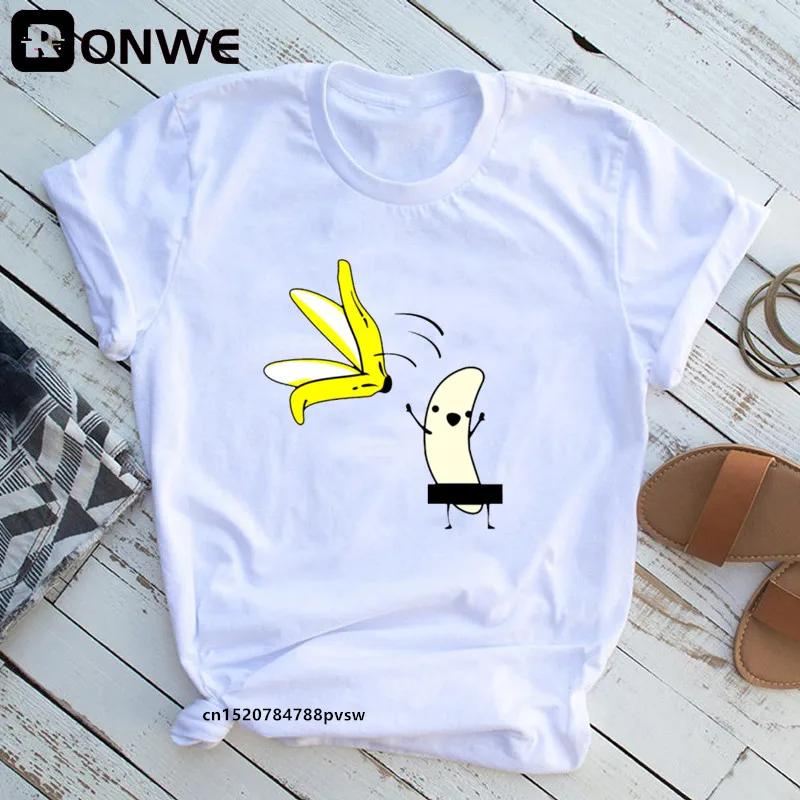 Женские милые белые и черные футболки с банановым принтом Fuuny Kawaii женские летние