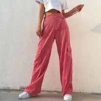 women corduroy pants trousers wide leg casual pocket high waist pink fashion