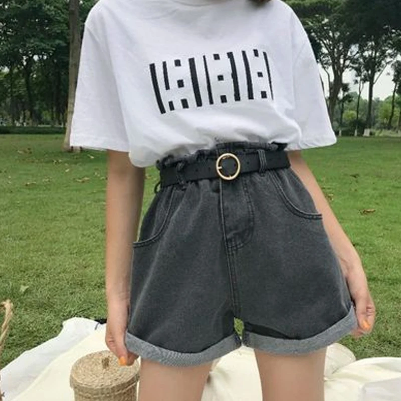 

Denim Women Shorts 2021 Summer High Elastic Waist Ladies Shorts Loose Wide Leg Pantsalone Pockets Casual Jeans Shorts KE1306