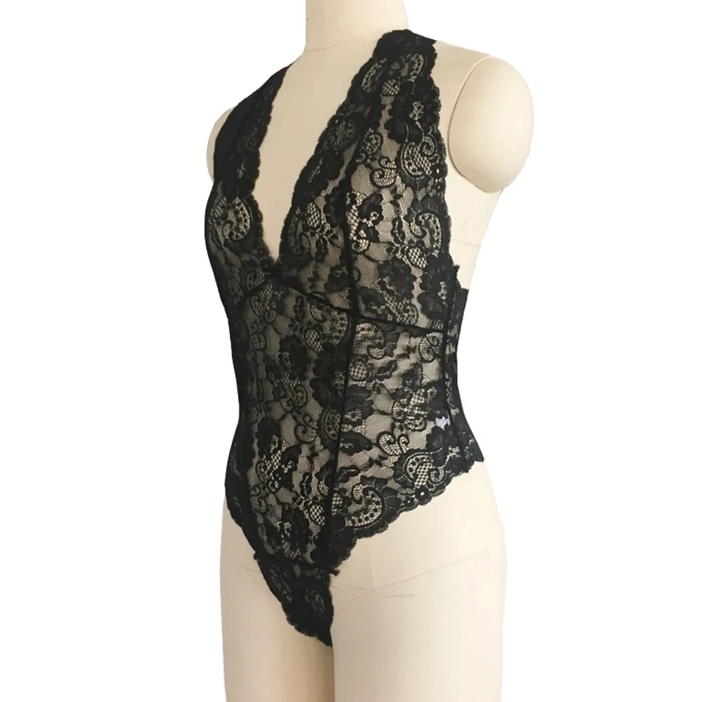

Fashion Women Girl Tempting Sexy Lace Cups Backless One-Piece Lingerie Underwear Deep V Halter One Piece