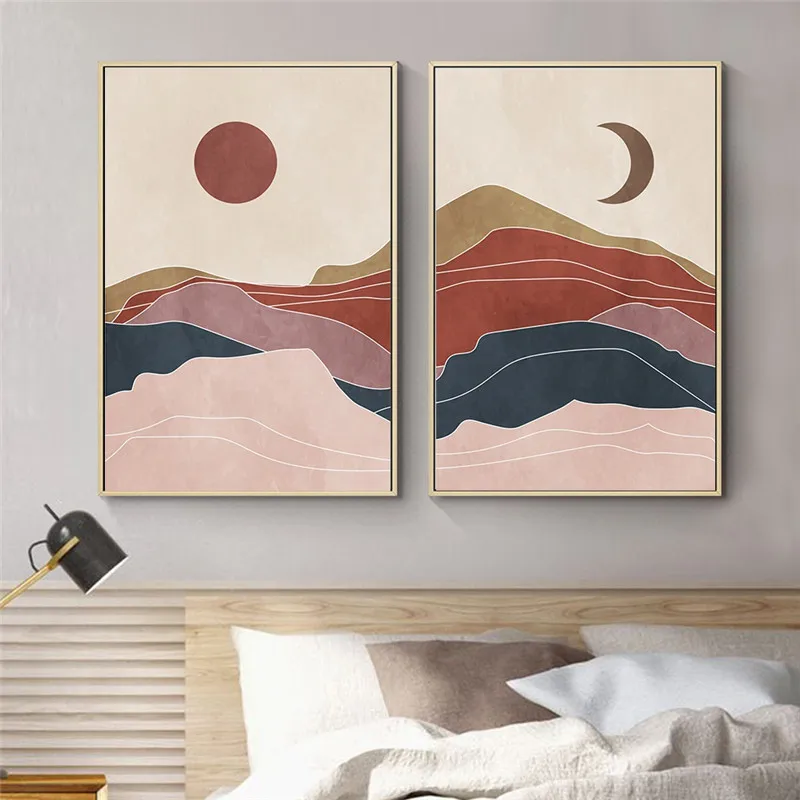 

Abstract Sun Moon Mountain Canvas Painting Nordic Minimalist Face Line Wall Art Posters and Prints Picture for Living Room Decor
