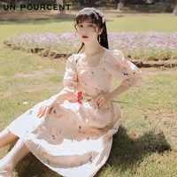 2021 spring and summer new womens court style princess sleeves waist chinese style floral dress retro midi dress vintage dress
