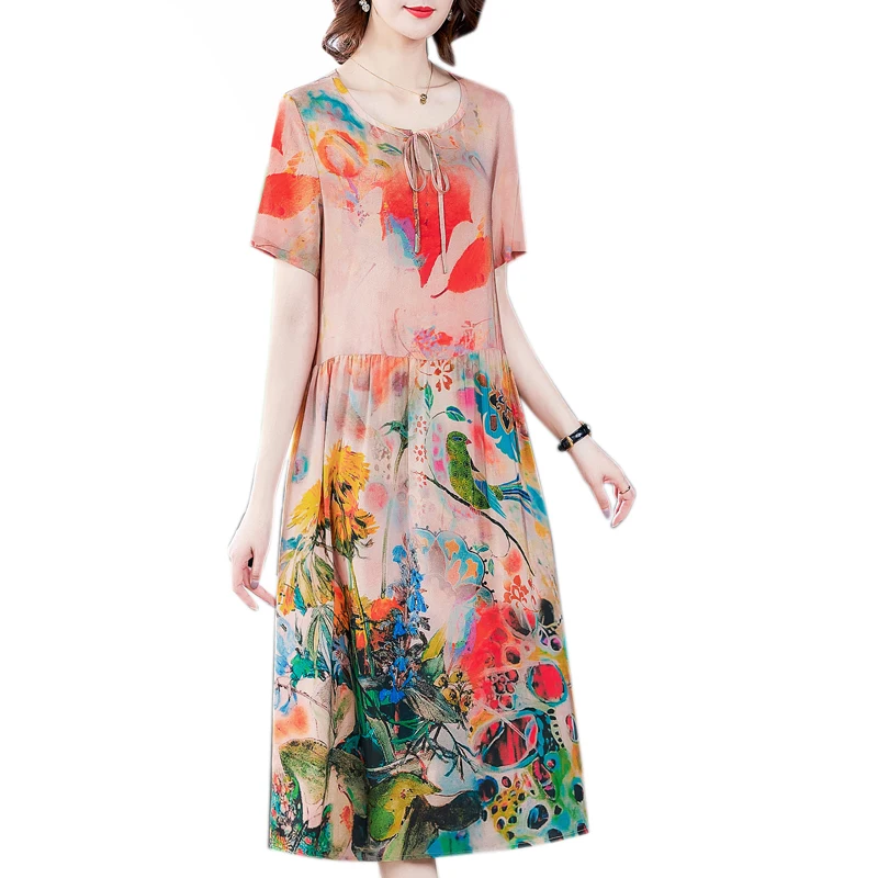 

2021 Summer Pink Floral Mulberry Silk Beach Midi Dresses Women Casual Print 4XL Plus Size Sundress Classy Bodycon Party Vestidos