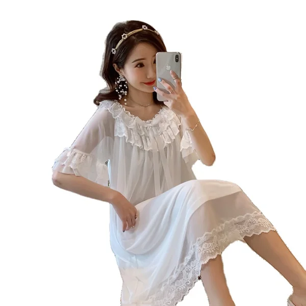 New Lace Court Nightdress Women's Summer Fresh Princess Long Dress Casual Korean Short Sleeve Sexy Nightgown Lady Sleepwear