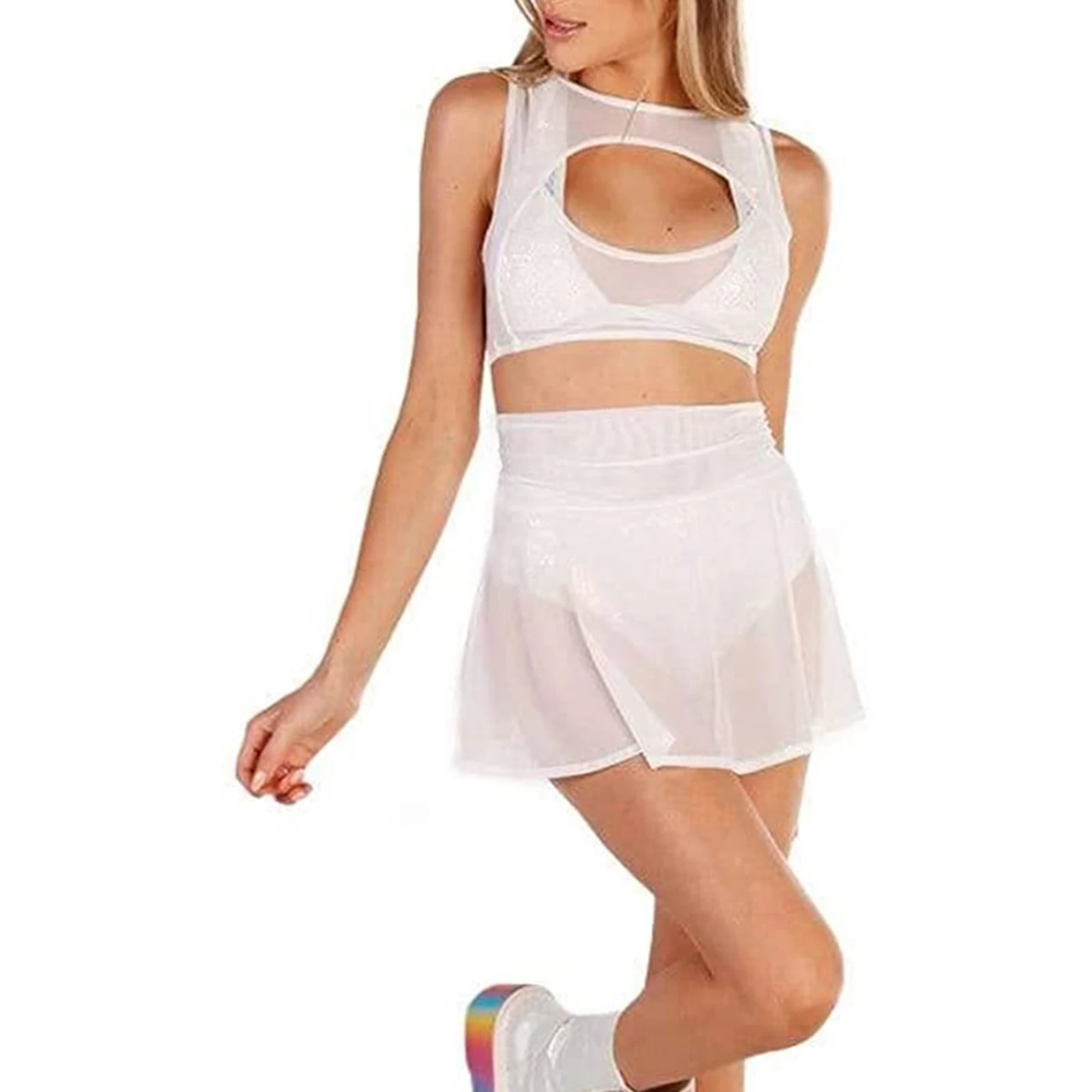 

Women's Sheer Mesh Mini Skirts High Waist Solid Color See Through Skater Skirt Beach Cover-ups