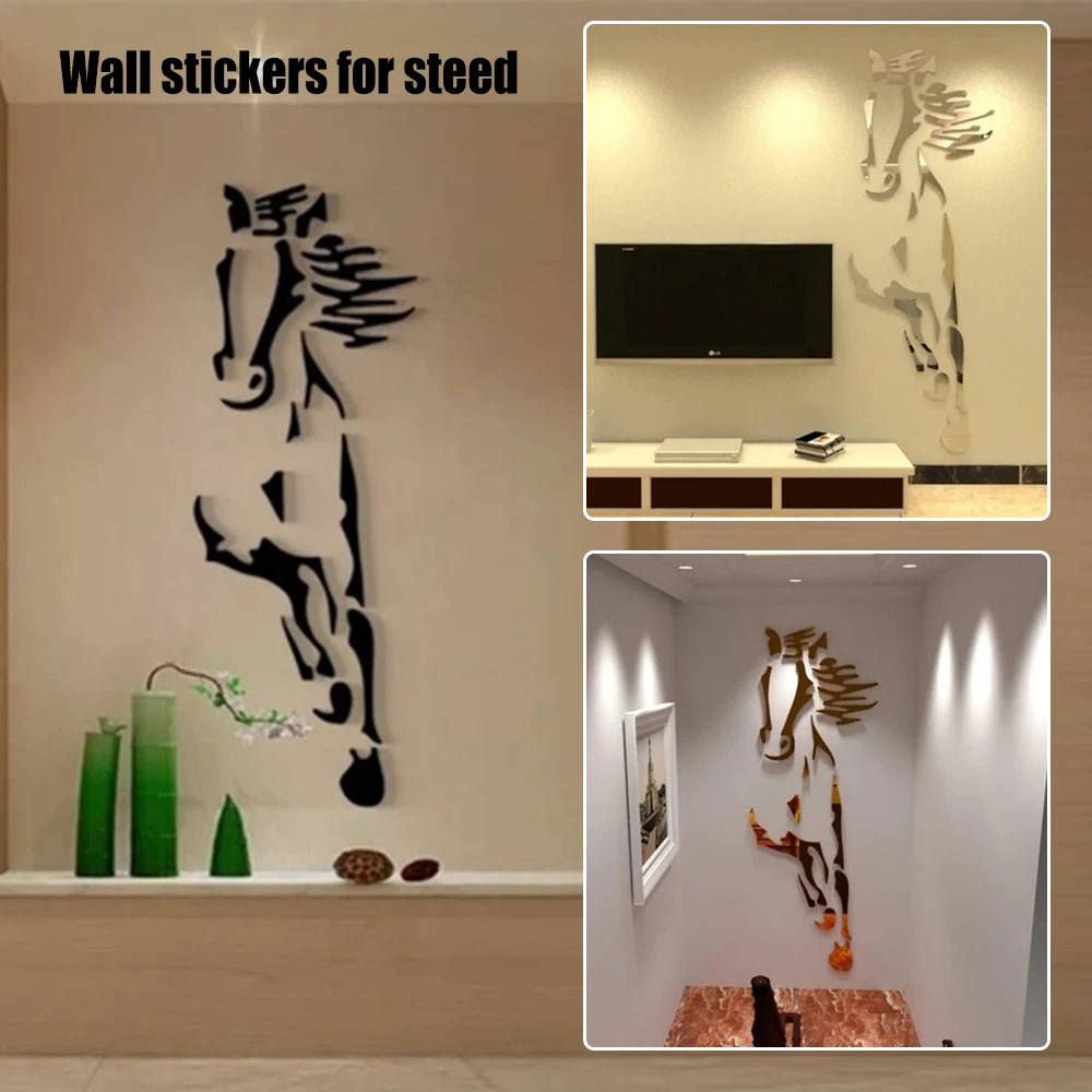 

New Hot Galloping Horse Mirror Wall Sticker Modern Creative Design Wall Decals 3D Acrylic Mirror Surface Living Room Decor
