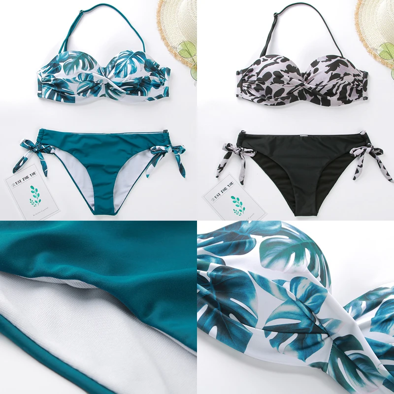 Floral Print Bikini Female Swimswear Bandeau Biquini Bandage Swimsuit Women Bathing Suit Push Up Set Sexy Bikinis 2020 | Женская одежда