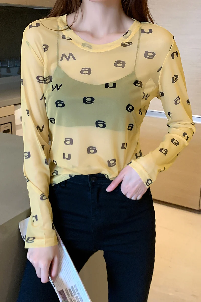 

Letters Printed Transparent Mesh Sexy T-Shirt Women O-Neck Long Sleeve Slim Basic Casual Female Tops 2020 Summer New Clothes