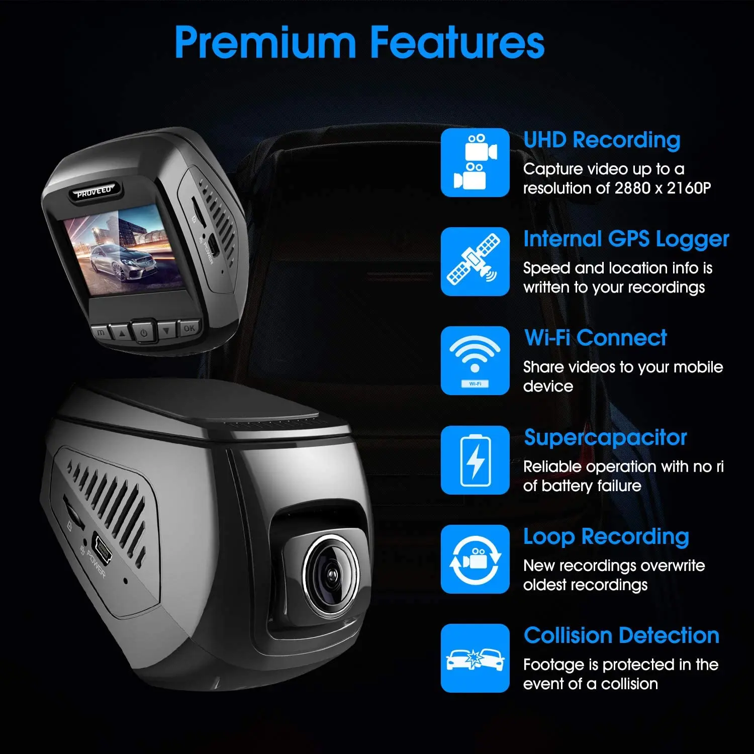 Видеорегистратор Pruveeo T7 4K встроенный Wi-Fi GPS UHD 2160P для автомобилей 2 4-дюймовый