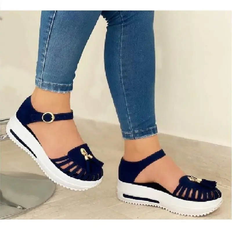 

Ladies Platform Shoes Round Toe Female Shoes Summer Beach Hollow Out Flat Sandals Buckle Strap Gladiator Sandals