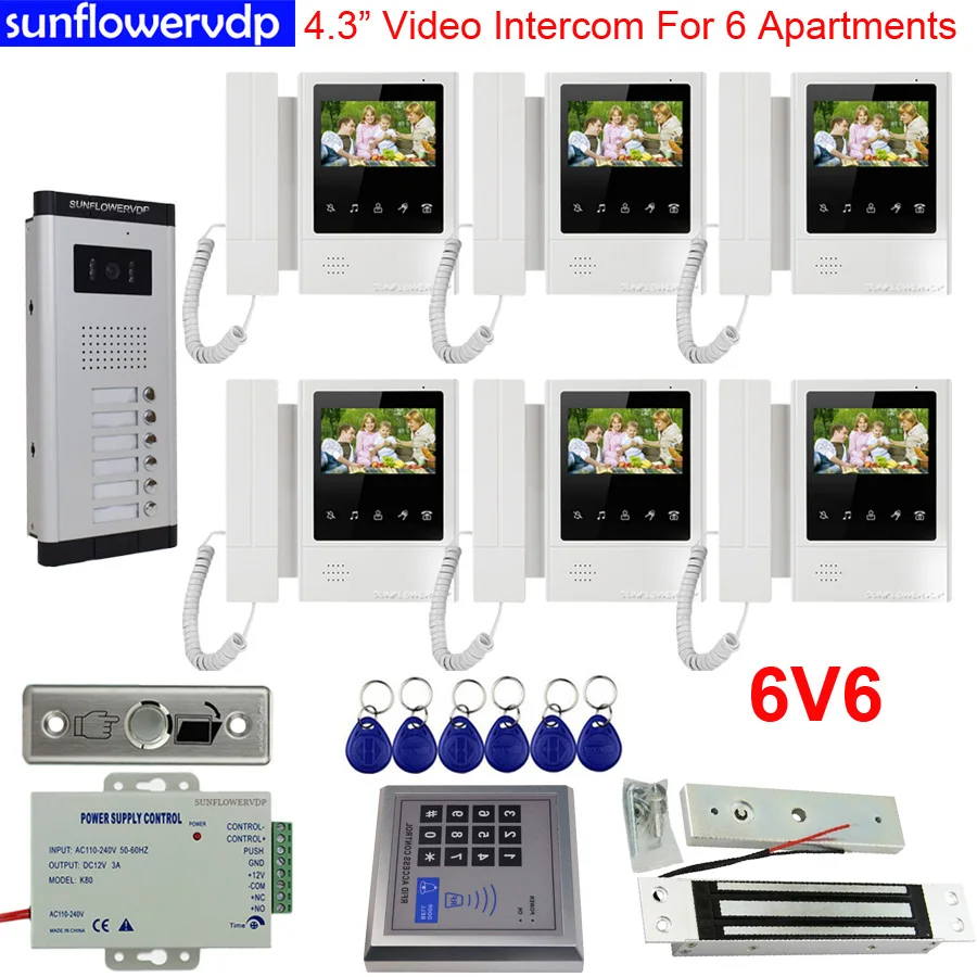 

For 6 Multi-Units Electronic Doorman With Camera Hands-Free & Handle Video Intercom Magnetic Door Lock Full Kit Doorbells
