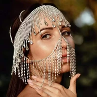 elegant rhinestone long tassel water drop cover full face chain mask headband for girl shiny crystal head chain face accessories