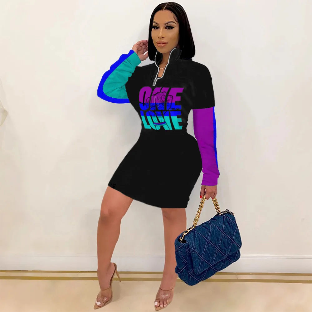 

Plus Size Women Bodycon Dresses Spring Fall Letter Patchwork Sexy Streetwear Long Sleeve Zipper Up Dresses Pencil Vestido Robes
