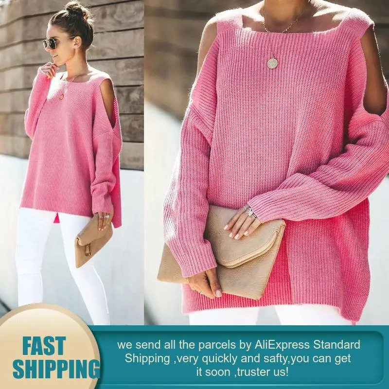 Autumn Winter Fluffy Pink Knitted Sweater Womens Plus Size Thin Knitting Pullover Jumpers Casual Off Shoulder Ribbed | Женская одежда