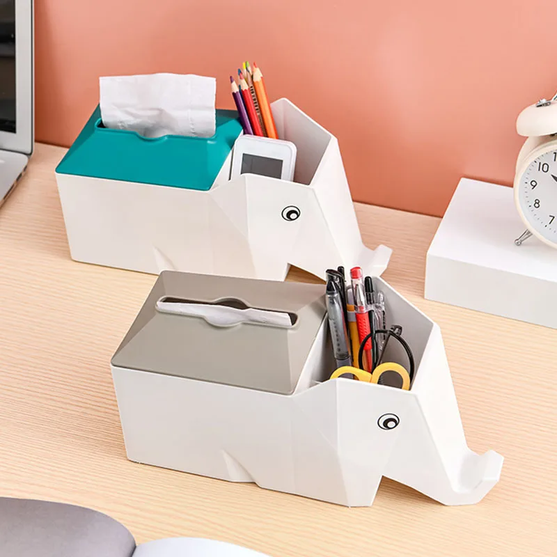 

Stationery Organizer Home Office Storage Pen Holders Plastic Box Home Decoration Accessories Cute Elephant Desktop Tissue Box