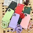 Чехол для телефона из жидкого силикона с ремешком через плечо для iPhone 13, 12, 11 Pro Max, XS, X, XR, 8, 7 Plus, SE, 2 держателя, ремешок на шею, шнур, мягкий чехол