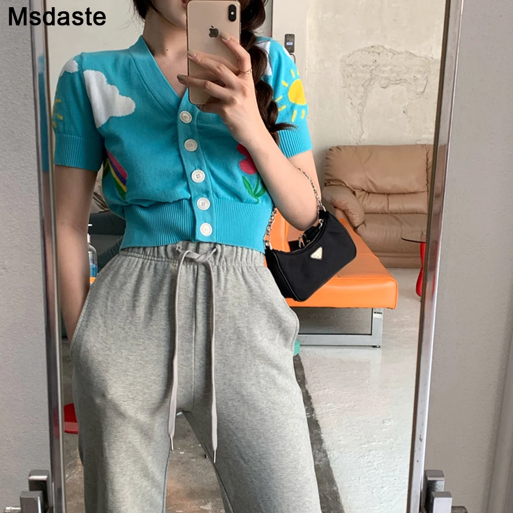 Женский вязаный кардиган с цветочным принтом свитер коротким рукавом и