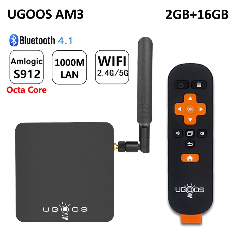 UGOOS AM3 Android tv Box 2 Гб ОЗУ 16 ПЗУ 7 1 Amlogic S912 Восьмиядерный Bluetooth 4G/5G Wi Fi 1000M LAN 4K HD