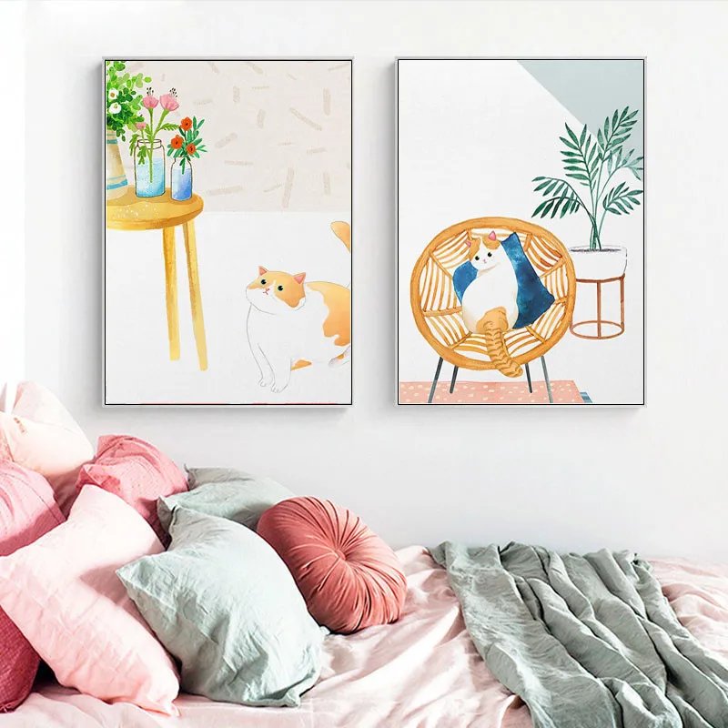 

Fresh and Cute Little Orange Cat Frameless Style Canvas Painting Yellow Green Home Wall Products Customizable Poster Hd Printing