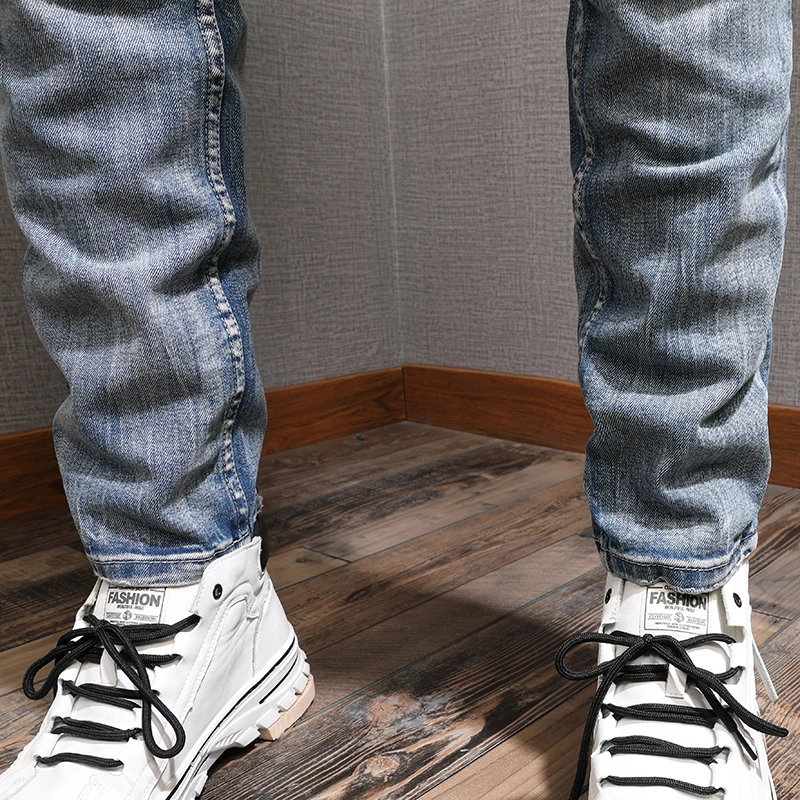 Classic Mens Light Blue Ripped Jeans Men Streetwear Casual Straight Slim Fit Pants Cotton Denim Trousers
