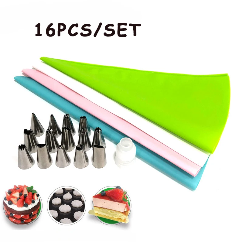 

16 шт./компл. силиконовый кондитерский мешок «сделай сам» для глазировки, крема, насадки из нержавеющей стали, конвертер наконечников для выд...