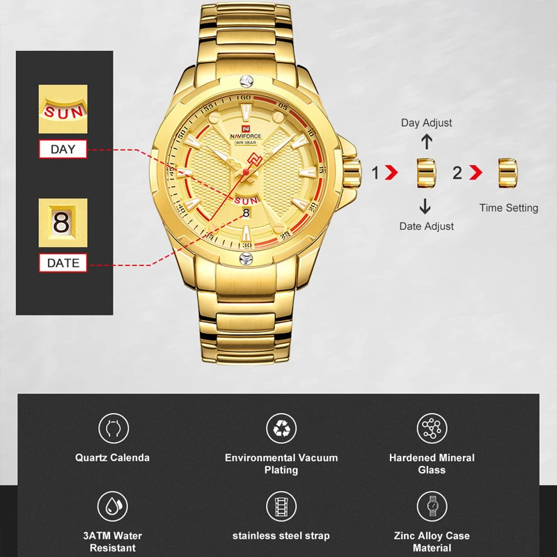 NAVIFORCE Модные мужские золотые часы кварцевые водонепроницаемые военные наручные