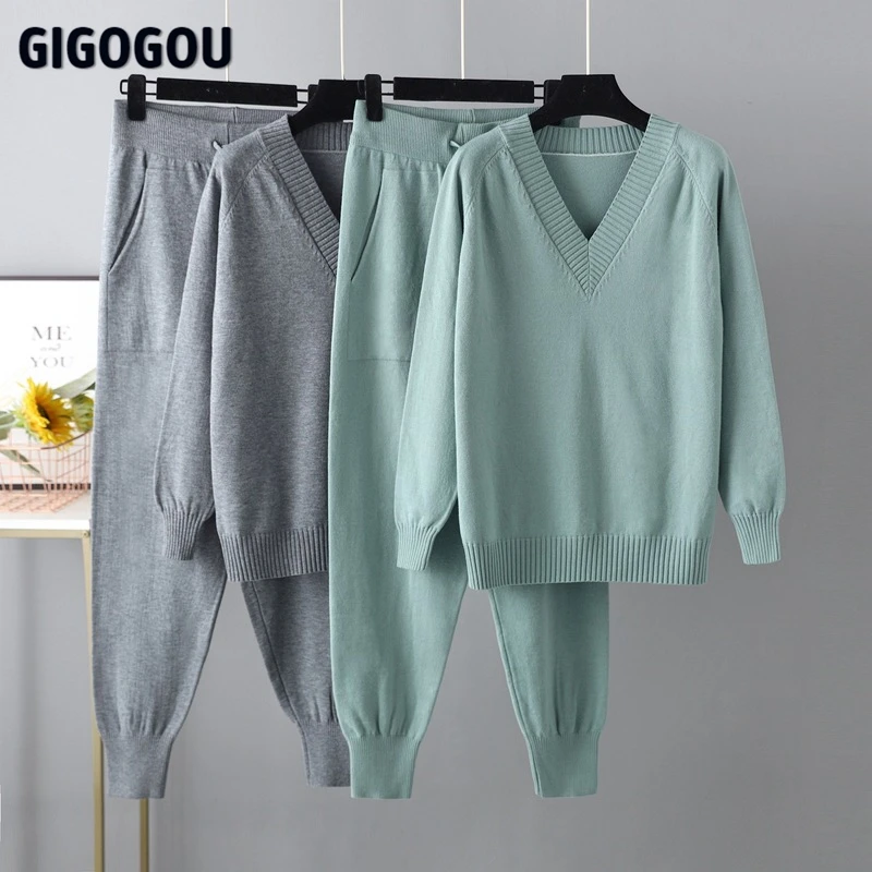 

Женский трикотажный комплект из двух предметов GIGOGOU, весенне-осенний комплект с v-образным вырезом и брюками-Шароварами, женский спортивный ...