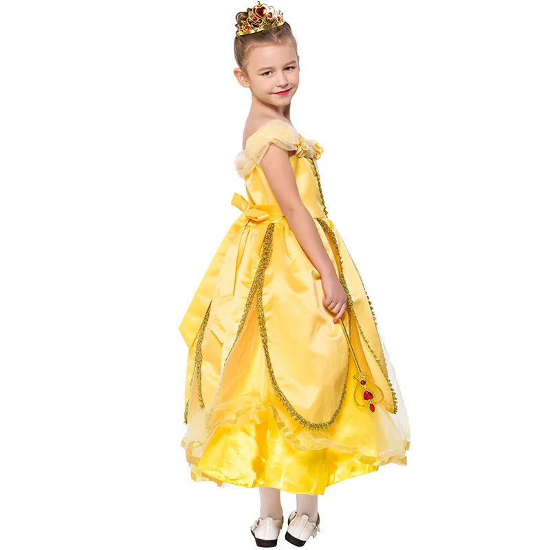 

Halloween Costume Dress Cosplay Costume Princess Dress Yellow Satin Classic Beauty Fairytale Kids Dresses For Girls