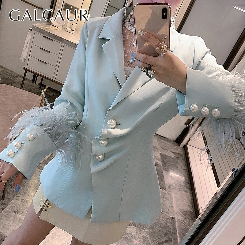 GALCAUR синий лоскутный перья пуговица с жемчугом женские блейзеры зазубренный