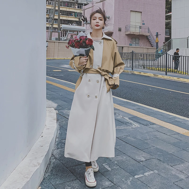 Тренчкот женский двубортный длинное пальто в стиле пэчворк весна-осень бежевая