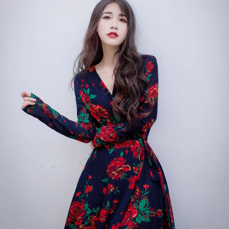 

2020 Autumn Elegant Korea Ladies Clothing Women Vintage V Neck Floral Print Dress High Waisted Retro Long Sleeve Maxi Dress