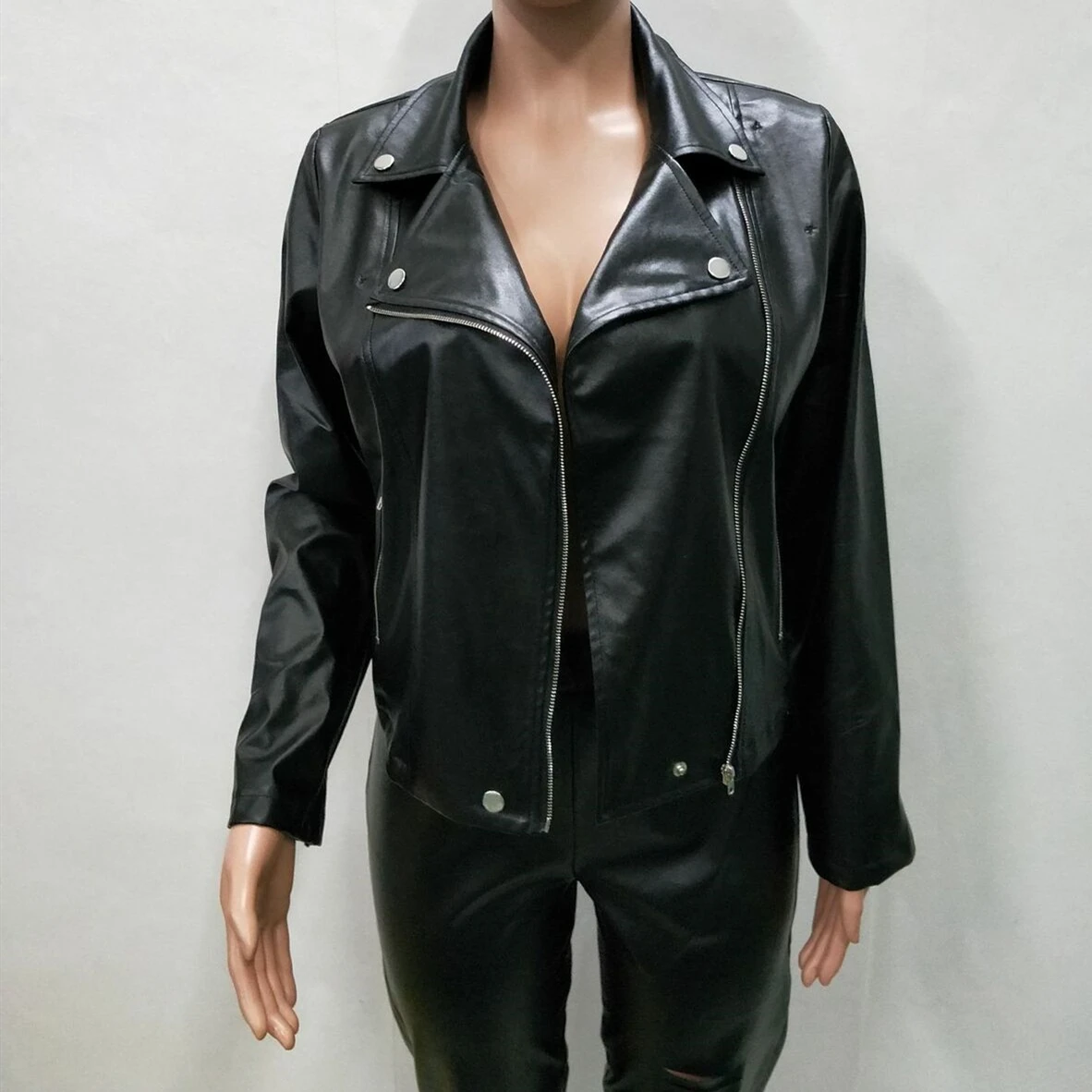 

Women Plus Size S-4XL Long Sleeve Leather Jacket Solid Black Color Winter Windproof Warm Leather Jacket Coat Outwear Blazer
