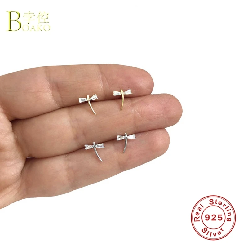 

BOAKO 925 Sterling Silver Stud Earrings For Women Zircon Dragonfly Earring Piercing Earings Luxury Jewelry Cartilage Pendientes