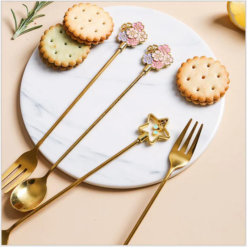 2PCS Cherry Blossom Spoon Fork Japanese creative cute stainless steel coffee spoon Home kitchen star long handle stirring | Дом и сад