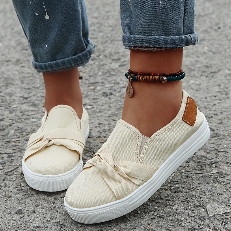 

Ladies Fashion Hot Sale Canvas Shoes Solid Color Round Toe Platform Women's Shoes New Casual Comfortable Flat Shoes