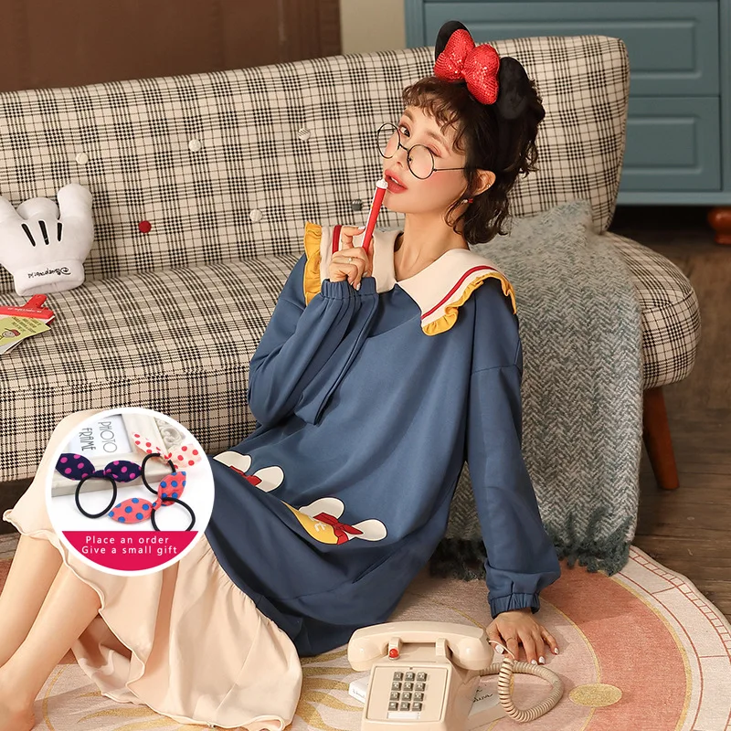 

Kawaii Doll Collar Sleepwear Women Cotton Nightgowns Cute Princess Style Robe Set Winter Long Sleeve Home Dress Loose Nightdress
