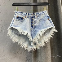 womens jean shorts summer high waist single breasted wide leg hot pants ripped fringed burr denim short femme ropa mujer