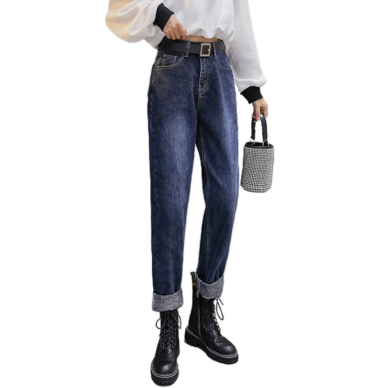 

New Elegant Fashion Women Fall/Winter Jeans Super warm plus velvet thick stretch denim cross-pants with belt