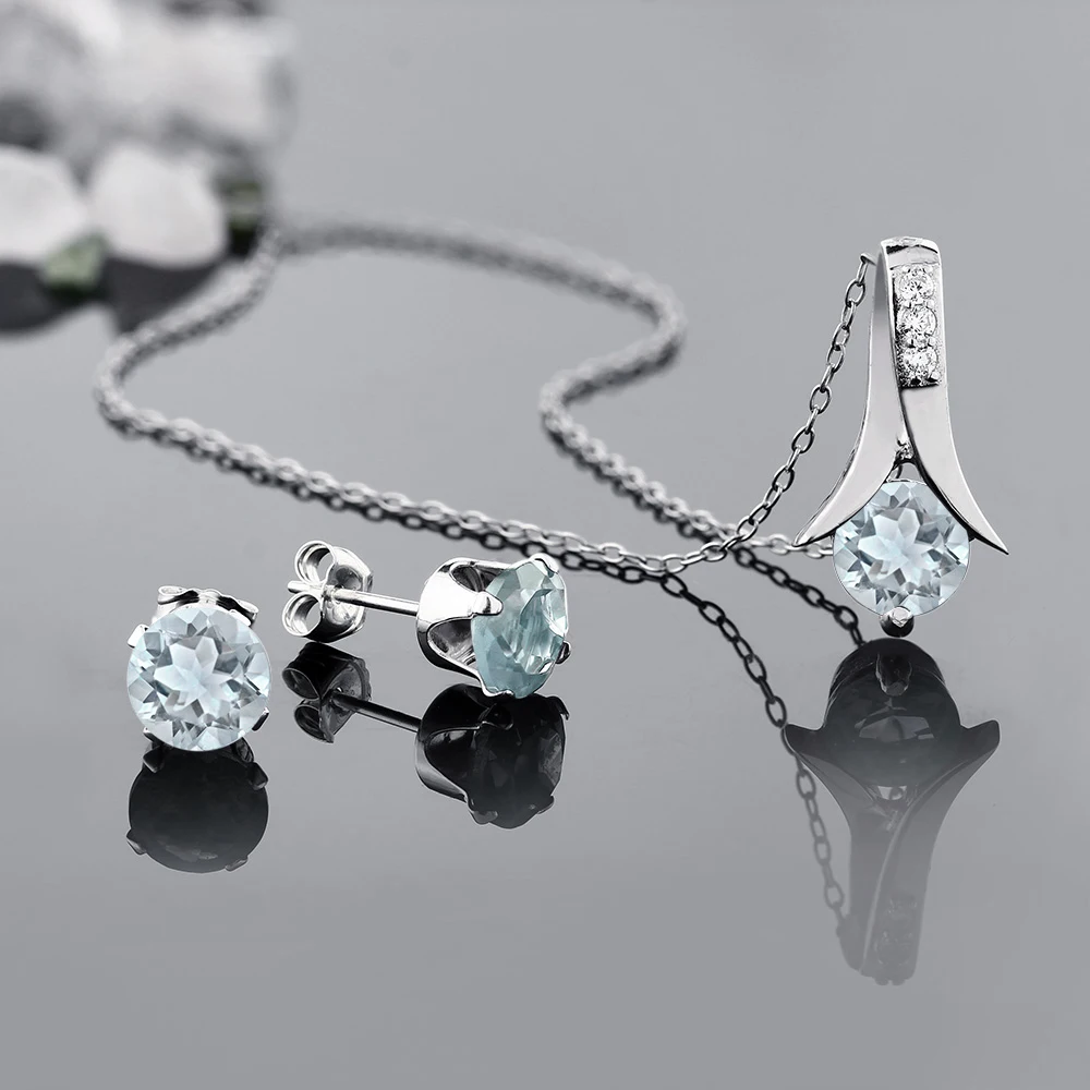 GemStoneKing набор ювелирных изделий из твердого 925 пробы серебра 2,25 карат Круглый Аквамарин женский кулон и серьги набор