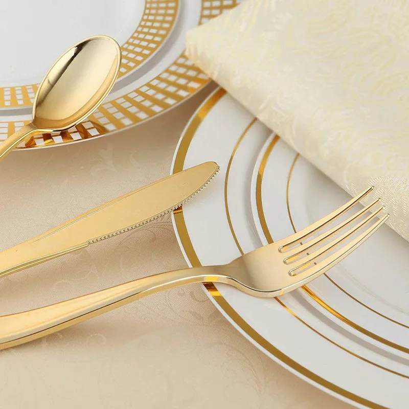 

75pcs Luxury Disposable Rose Gold Plastic Tableware Knife Fork Spoon Party Cutlery Kit Wedding Birthday Party Decor Baby Shower
