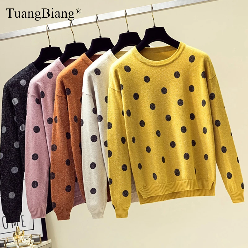 Female Loose Shiny Lurex Knit Thick Sweater Women autumn Winter Long Sleeve Pullovers Femme Round neck Soft Dot Tops jumper 2019 | Женская