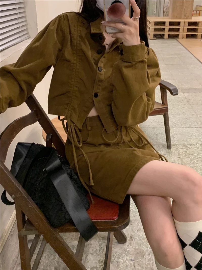 Женская короткая рубашка на шнуровке осенний костюм для стрельбы юбка с высокой
