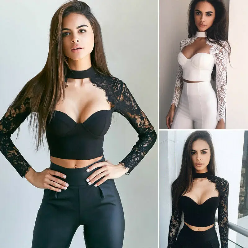 Women's Slim Lace Flore T-Shirt Tops Fashion V Neck Long Sleeve Sexy Black White Solid Color Size S-XL | Женская одежда