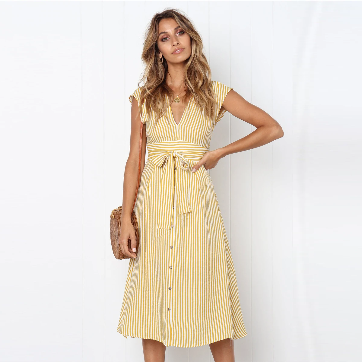 Женское Модное темно синее желтое летнее платье в полоску женское элегантное