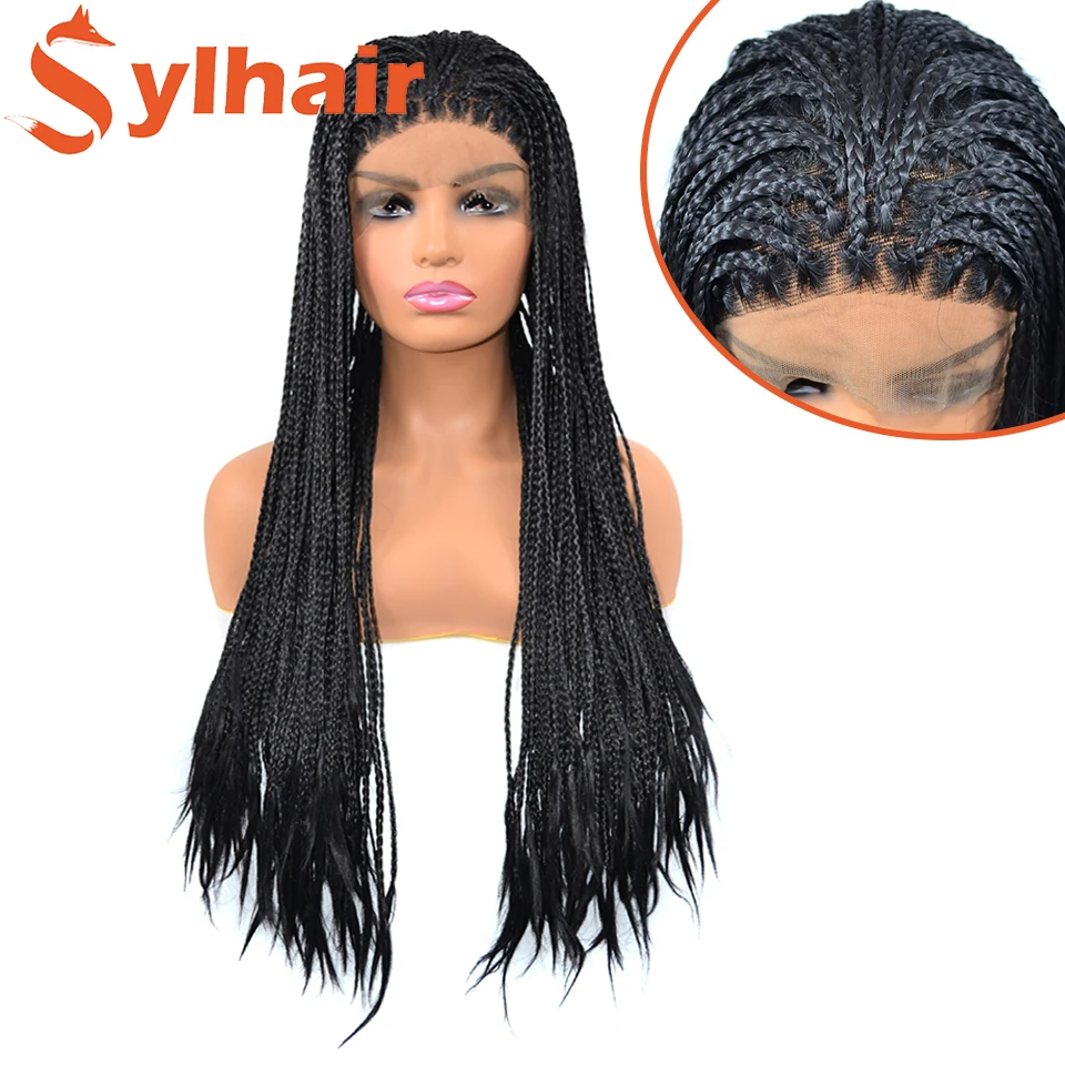 Sylhair 1B#Color Synthetic Braided Lace Front Wigs For Women Heat Resistant Fiber Hair Wigs Premium Braid Wig